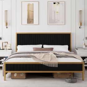 King size Gold Metal Platform Bed Frame with Black Velvet Upholstered Headboard