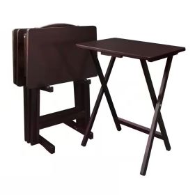 Set of 4 - Folding TV Tray Table Set with Stand in Dark Brown Wood Finish