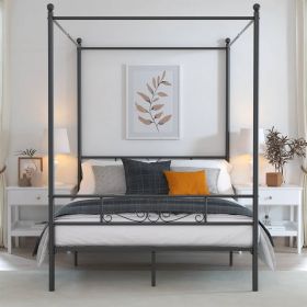 Queen size Four Poster French Country Metal Canopy Bed in Black Finish