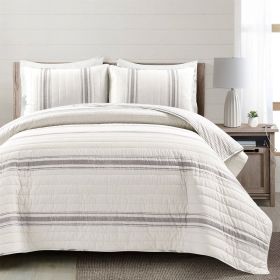 King Size Grey White 3 Piece Stripe Reversible Cotton Quilt Set