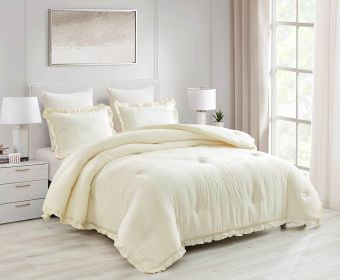 Oversized King Ivory Microfiber 3-Piece Comforter Set with Ruffled Edge Trim