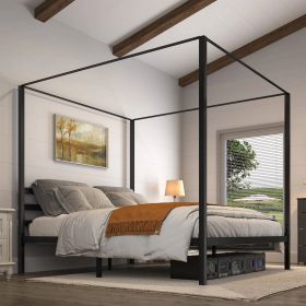 King size Modern Four Poster Metal Canopy Bed in Black Finish