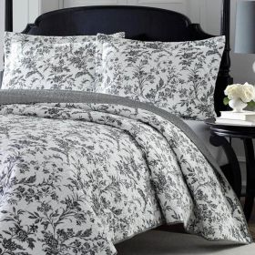 King size Cotton Blend 3-Piece Reversible Quilt Set in Grey White Floral Design