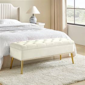 Mid-Century Modern Bed Storage Bench with Ivory Velvet Seat and Gold Legs