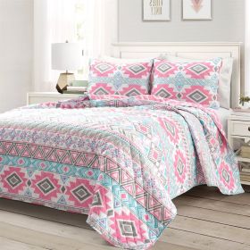 Twin Southwest Indian Style Polyester Pink Blue Striped Reversible Quilt Set