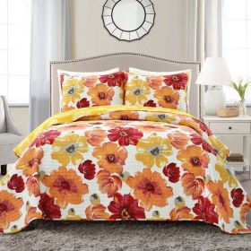 King size Orange Red Flowers Lightweight Polyester Microfiber Quilt Set