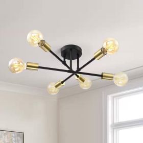 Mid-Century Sputnik Style 6-Light Black Gold Ceiling Light - Semi Flush Mount