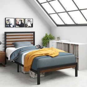 Twin Student Dorm Black Metal Platform Bed Frame with Brown Wood Slat Headboard