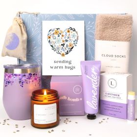 Lavender Spa Gift Basket For Women Relaxation Gifts Self Care Package with Lavender Scented Candle Wine Tumbler Bath Bomb Soap Socks Hand Cream & Bonu