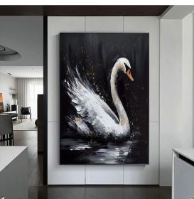 Abstract Original Black Swan Oil Painting on Canvas Swan Wall Art Decor Swan on Water Original Bird Art Swan 3D Artwork Nature Wall Decor (Style: 01, size: 140x210cm)